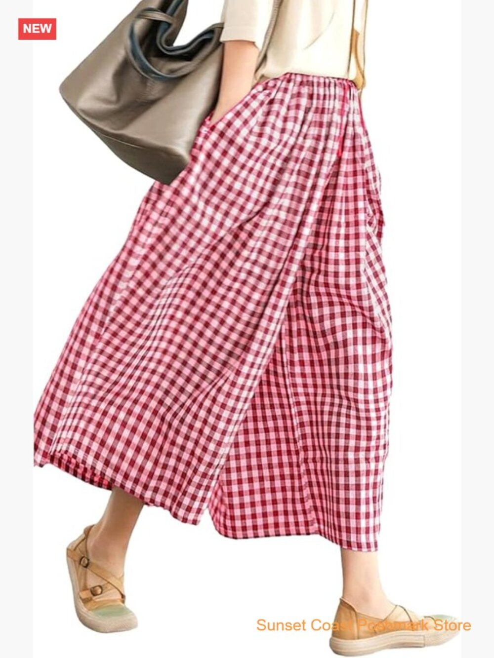 Womens Wide Leg Capri Pants Gingham Plaid Culottes Elastic Waist Palazzo